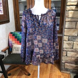 NO BRAND SIZE LARGE SEMI SHEER MULTICOLORED MULTI PATTERNED LONG SLEEVE TOP